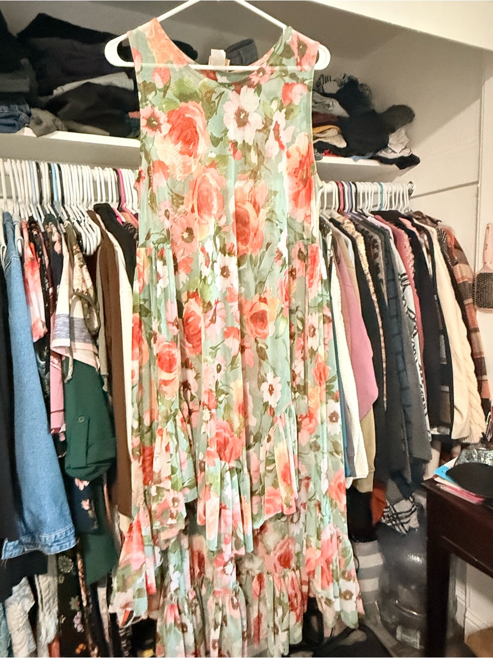 Floral Tiered Sleeveless Aleena mesh layer dress - Green & Coral